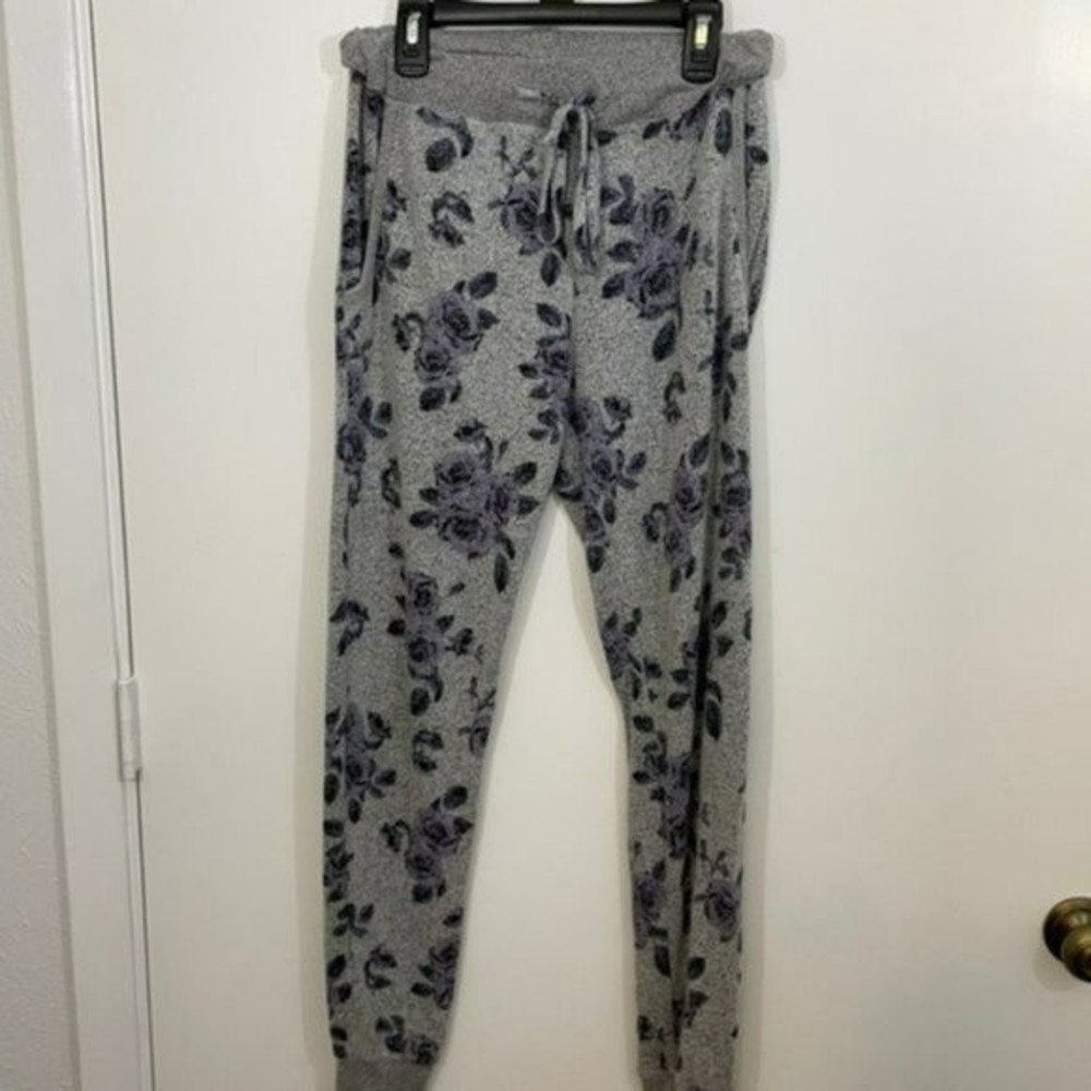 Blue Rain Soft Joggers / Lounge Pants with Pockets Grey wi/Purple Floral Print S